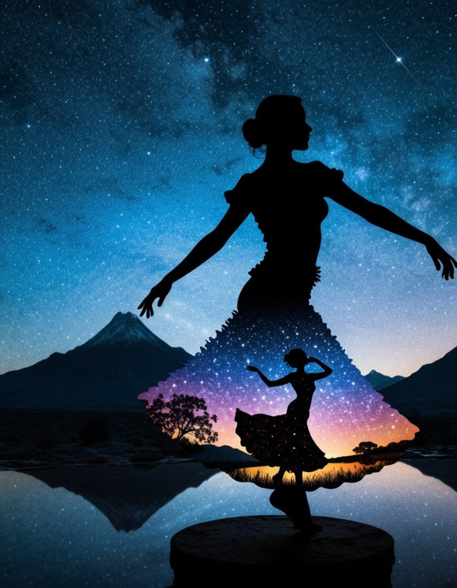 ehdoublexposure,  girl dancing flamenco,  starry night on Tensor.Art