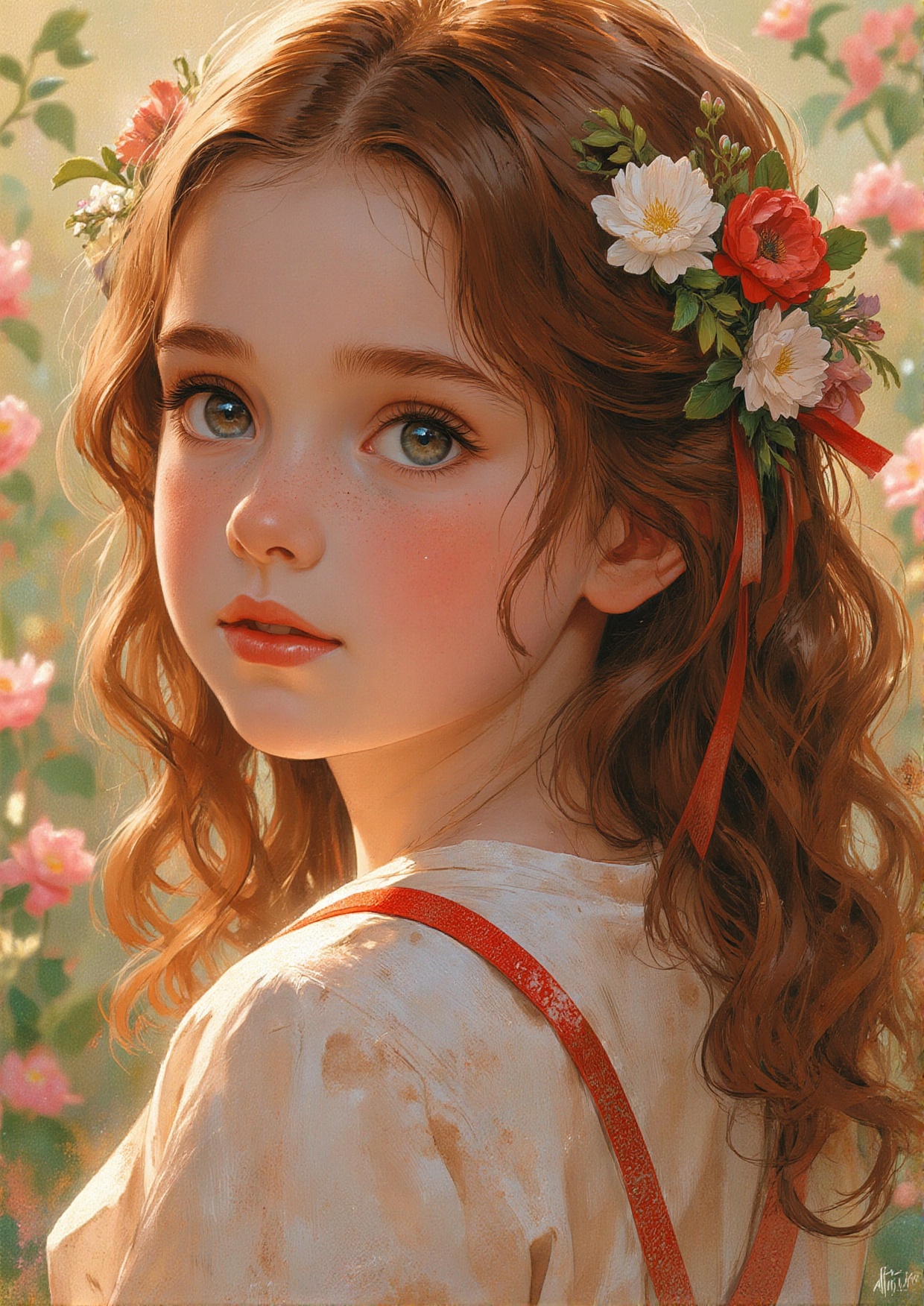 close-up portrait of a girl with auburn wavy hair adorned with fresh flowers and ribbons,  gentle expression,  soft blush...