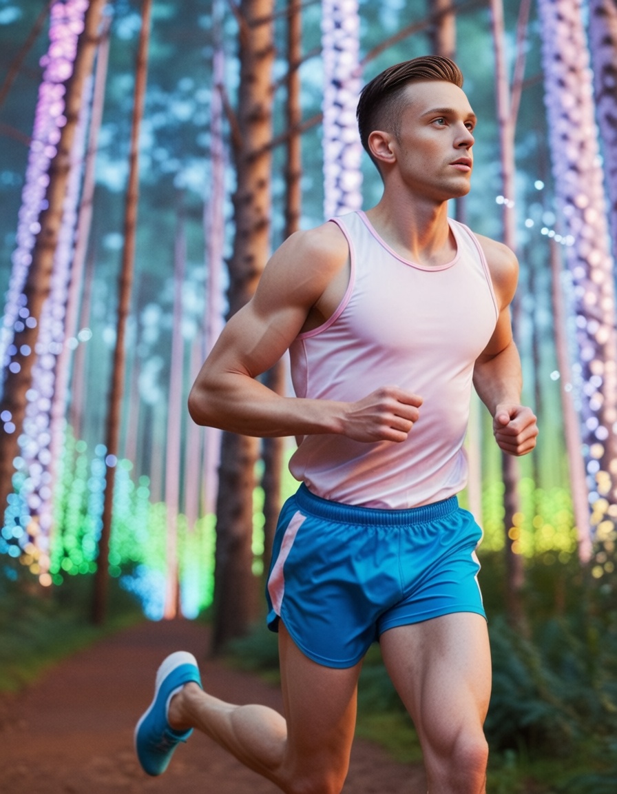 man running in sportwear in the forest,  ehadlighting on Tensor.Art