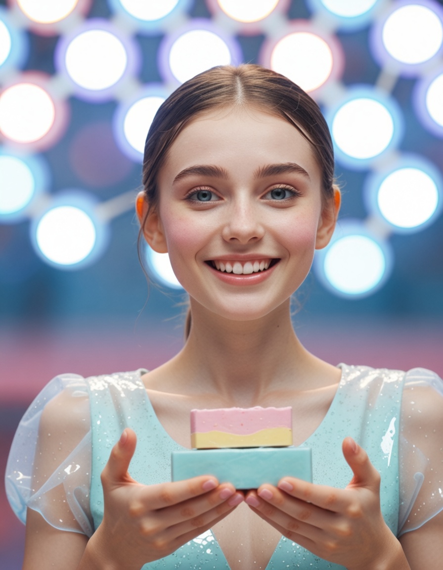 girl showing a soap box in her hands,  smiling,  ehadlighting on Tensor.Art