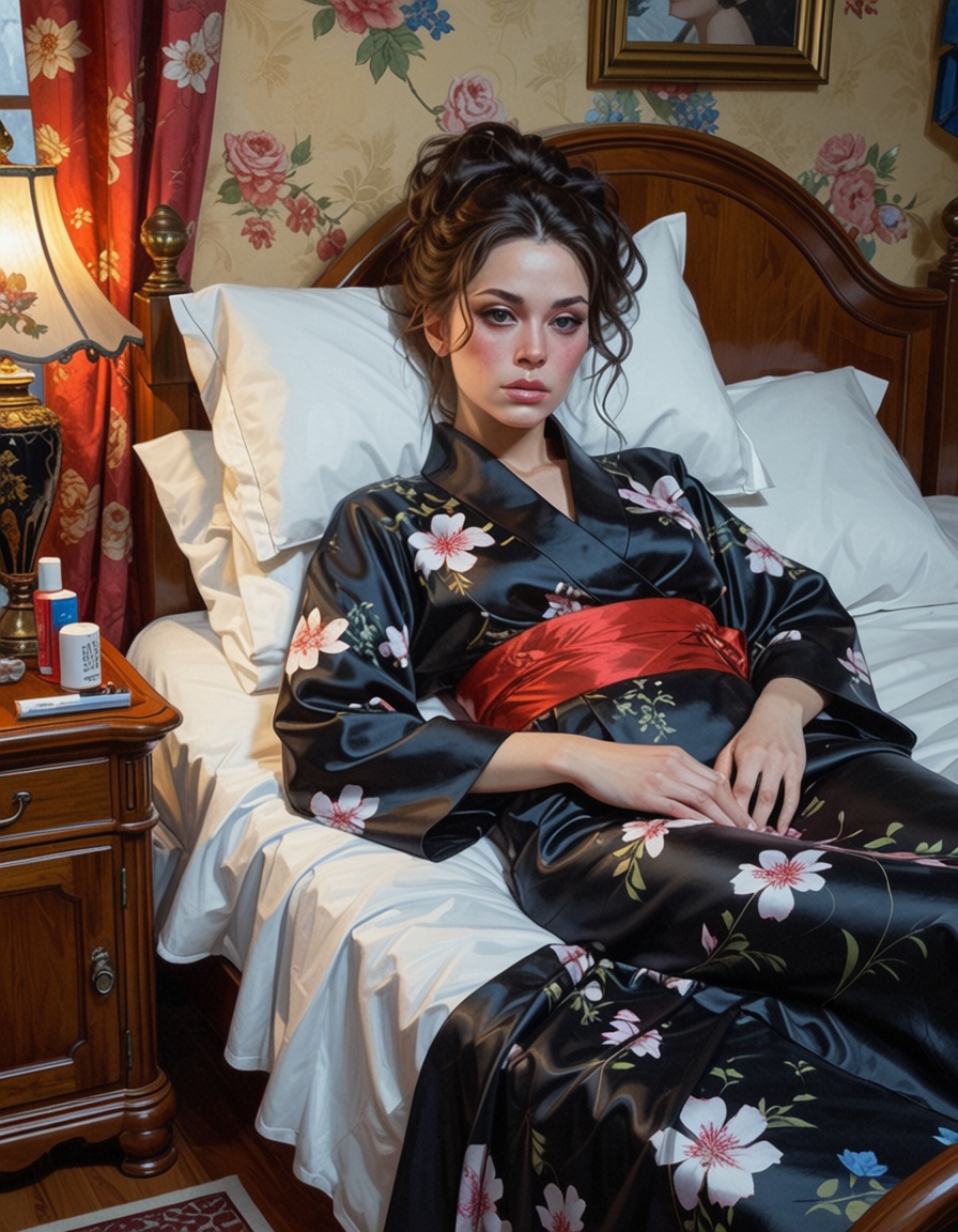 ehcinematican art nouveau realistic illustration of miranda presley lying in her bed dead of fentanyl poisoning wearing a...