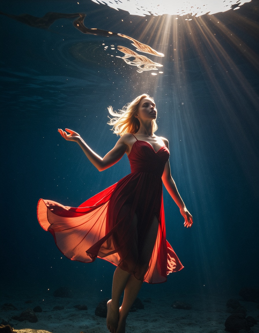 ehcinematic,  a blonde woman with a red dress,  floating underwater on Tensor.Art