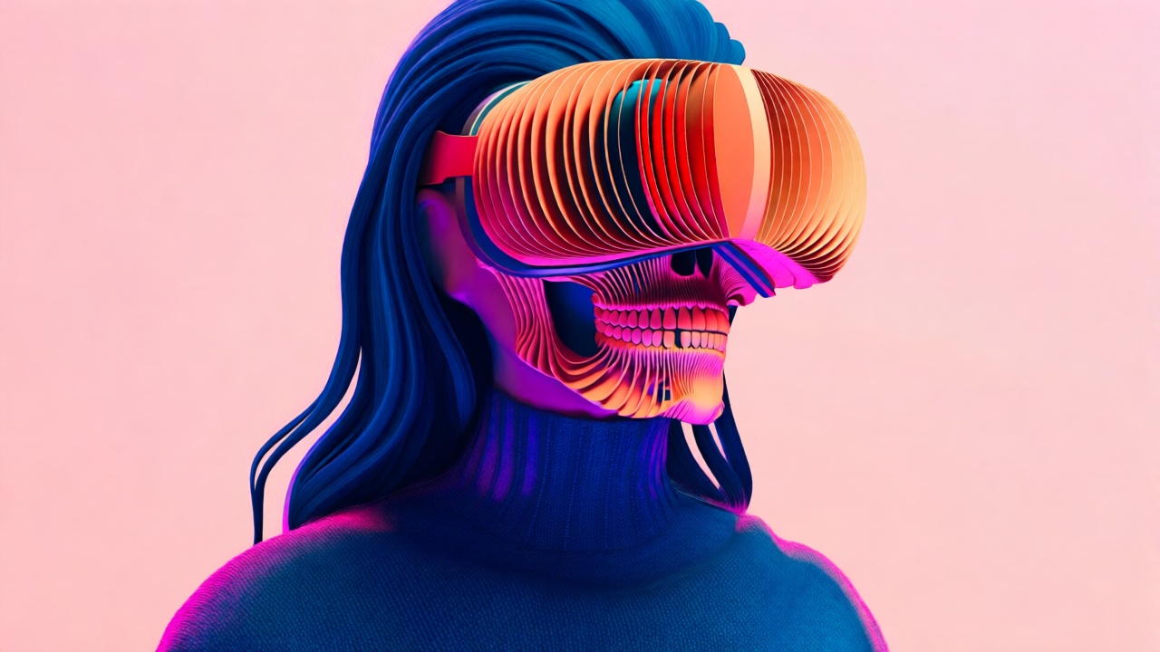 A faceless figure with long,  flowing dark blue hair,  wearing a textured navy blue turtleneck sweater. The figure's face...