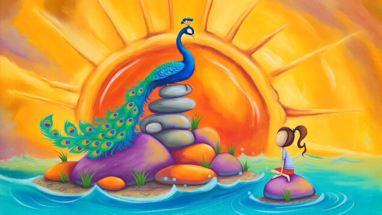 A vibrant,  stylized illustration in the style of "Facelessart." A magnificent blue peacock with iridescent green tail fea...