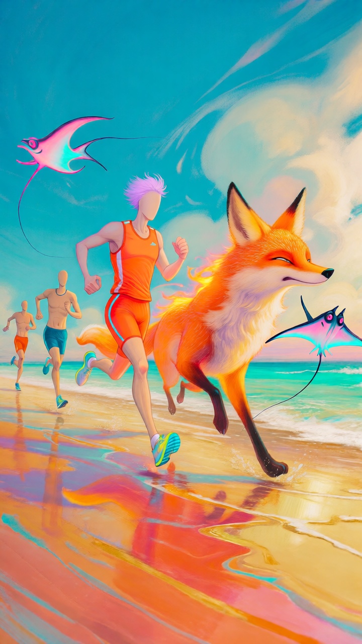 A faceless male runner with short pastel-purple hair,  wearing a bright orange athletic outfit,  sprints along a vibrant s...