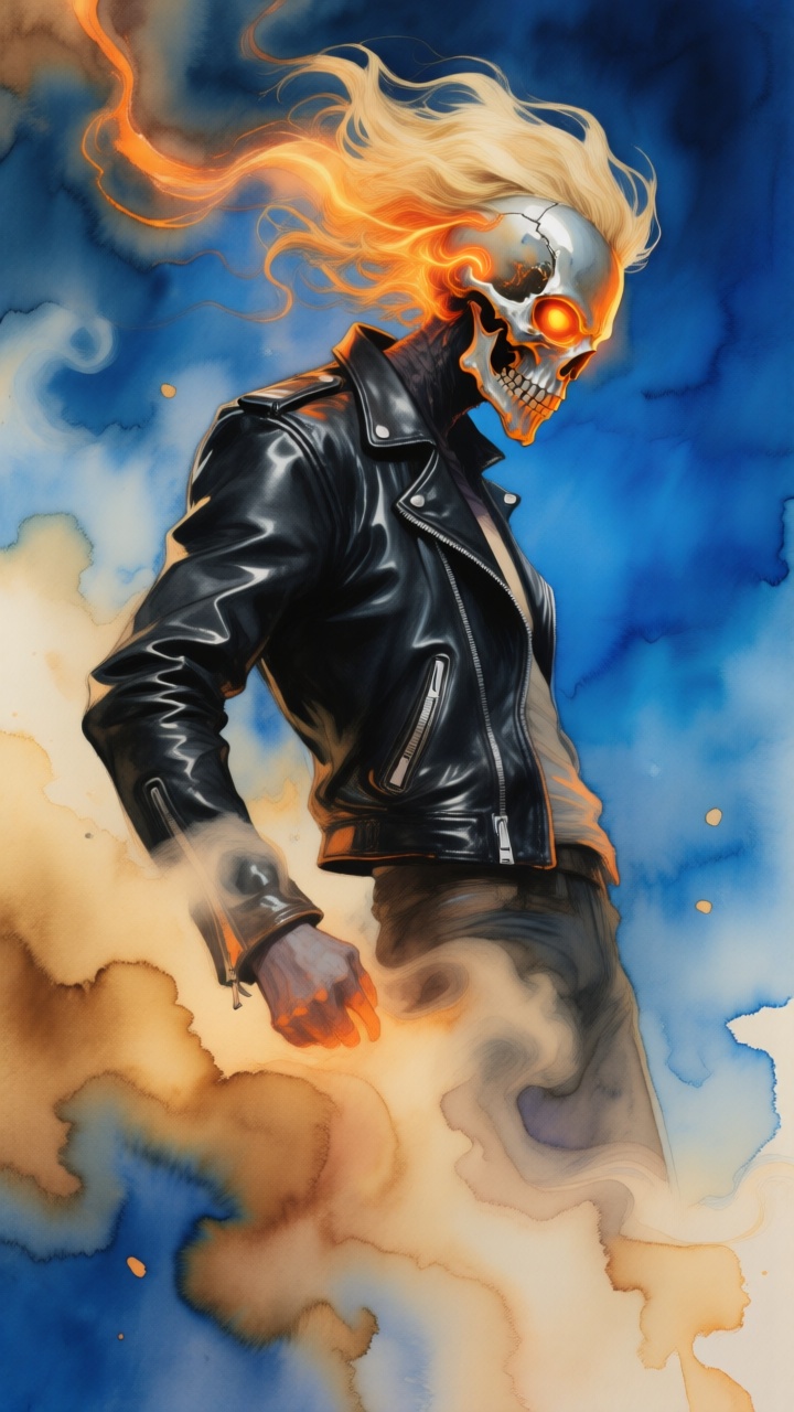 A faceless figure wearing a metallic skull mask,  with glowing orange energy emanating from the eye sockets and swirling a...