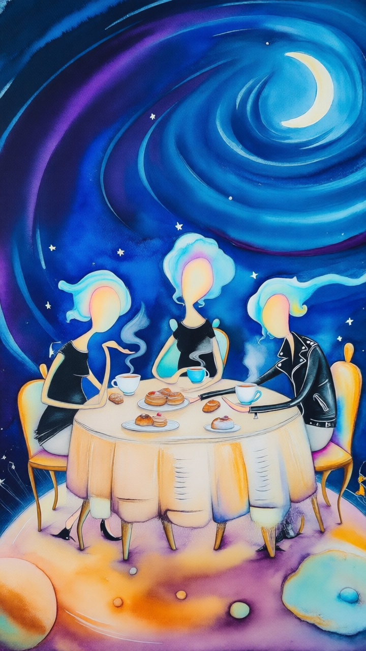 A whimsical watercolor painting in a wet-on-wet style,  depicting three faceless figures wearing black top hats and sittin...