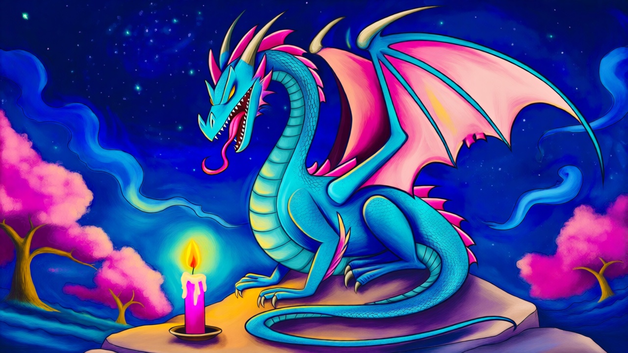 A vibrant,  stylized illustration of a blue dragon with pink wings and accents sitting on a rocky outcrop under a starry n...