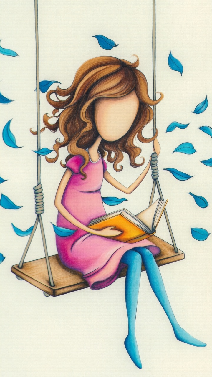 Facelessart,  A whimsical illustration of a faceless girl with wavy brown hair,  sitting on a wooden swing. She is wearing...