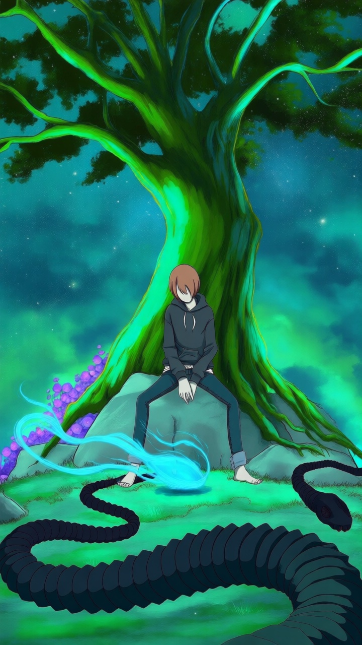 A faceless figure with short brown hair sits contemplatively under a giant,  luminous green tree,  its branches reaching t...