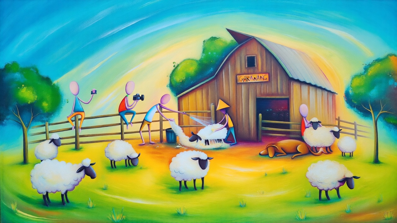 A whimsical and colorful pastoral scene in the style of Facelessart,  featuring a group of faceless figures tending to she...