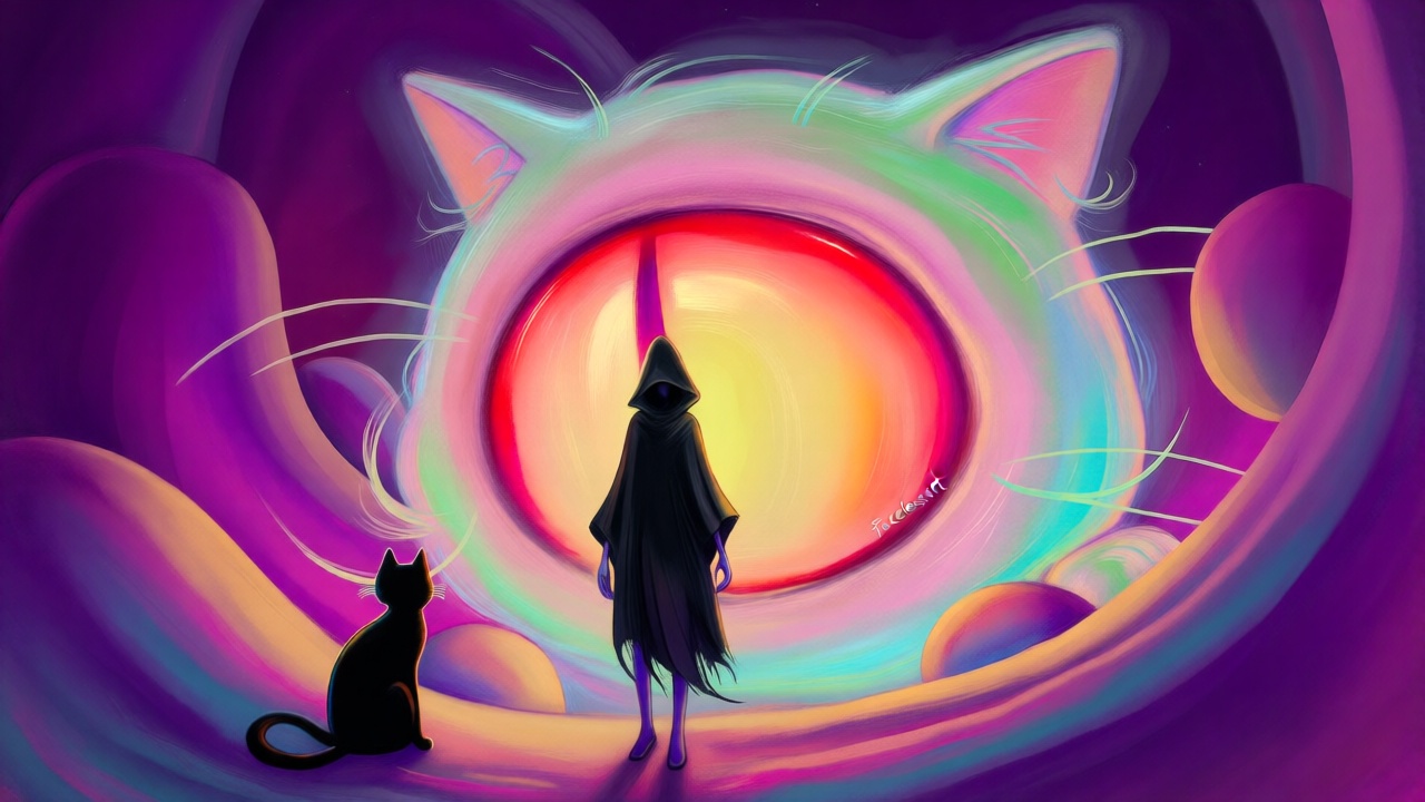 A faceless figure in a black cloak stands opposite a colossal,  glowing cat-like entity. The giant cat is rendered in soft...