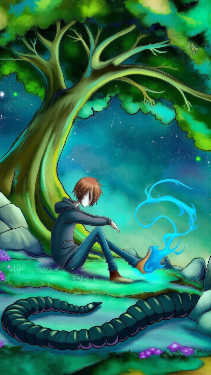 A faceless figure with short brown hair sits contemplatively under a giant,  luminous green tree,  its branches reaching t...