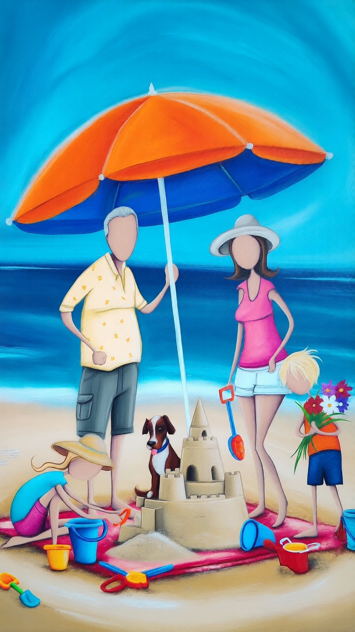 An illustration by Peter Ryan depicting a family on the beach under an orange and blue umbrella. Two adults,  two children...