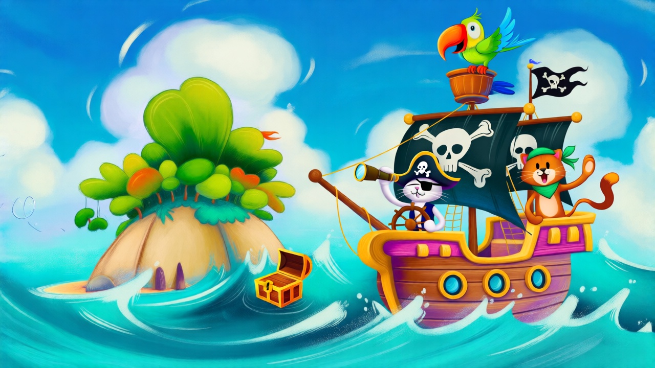 A vibrant,  cartoony illustration in the style of Facelessart,  featuring a whimsical pirate ship sailing on choppy on Ten...