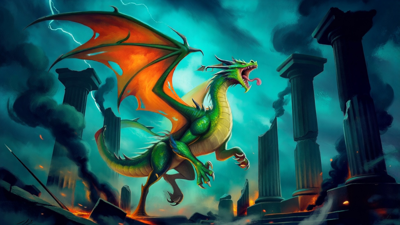 A vibrant green dragon with fiery orange wings rears back,  mouth agape in a roar,  its tongue a blur of motion amidst a s...