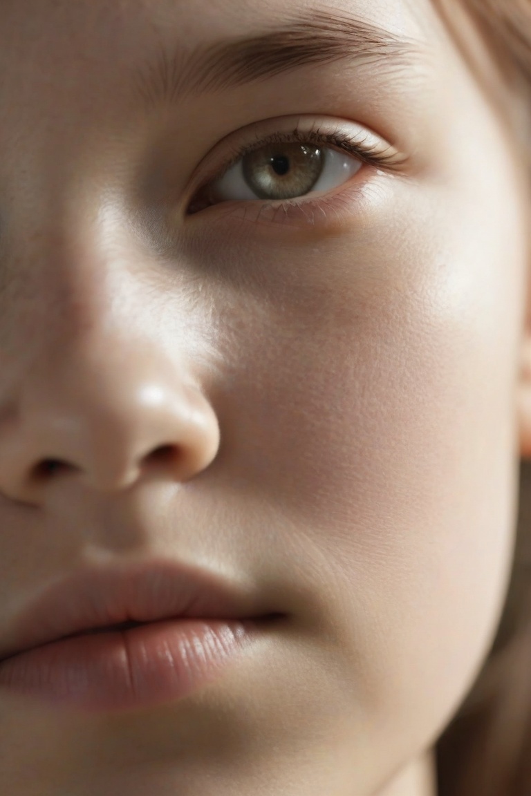 A close-up portrait of a girl in real photo style,  with sharp focus on her face and detailed skin texture. The lighting i...