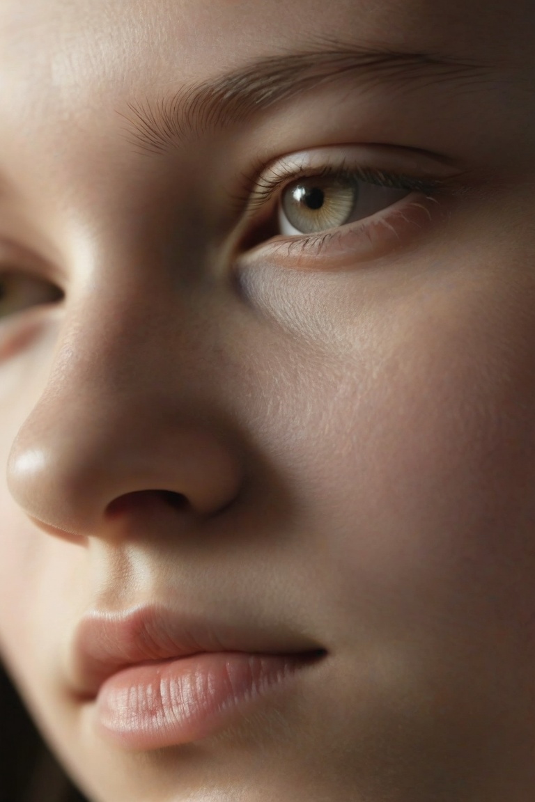 A close-up portrait of a girl in real photo style,  with sharp focus on her face and detailed skin texture. The lighting i...
