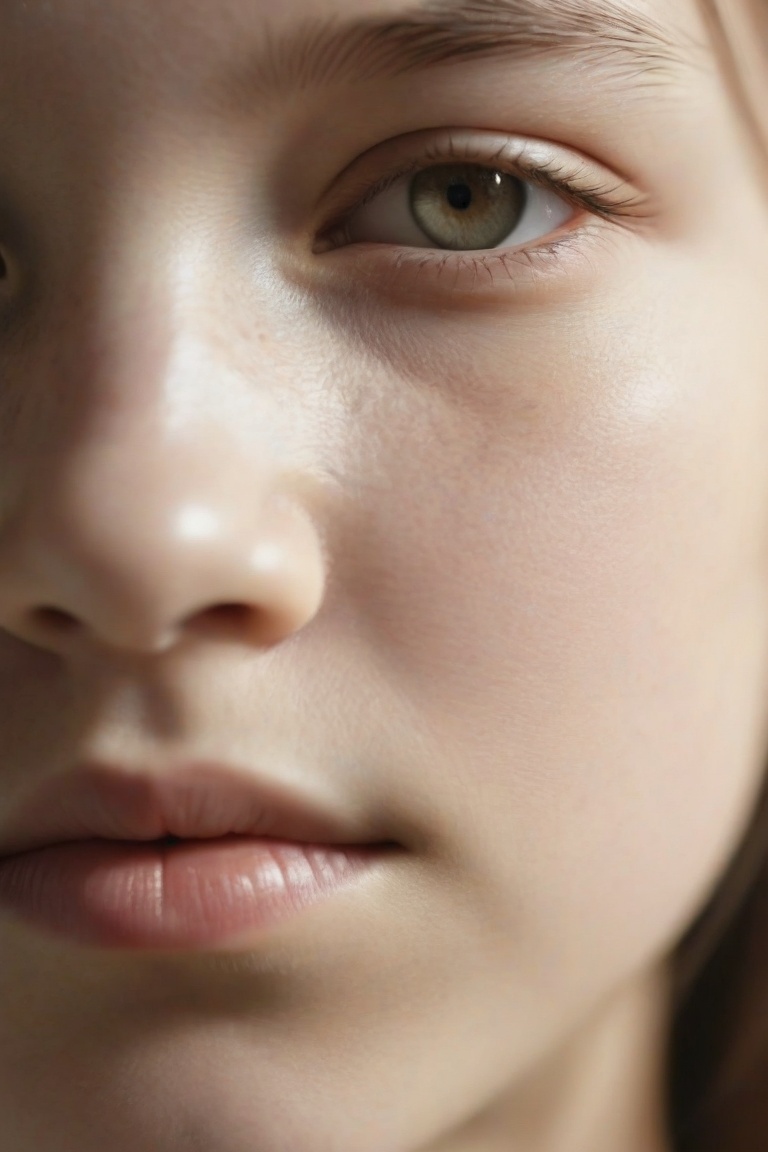 A close-up portrait of a girl in real photo style,  with sharp focus on her face and detailed skin texture. The lighting i...