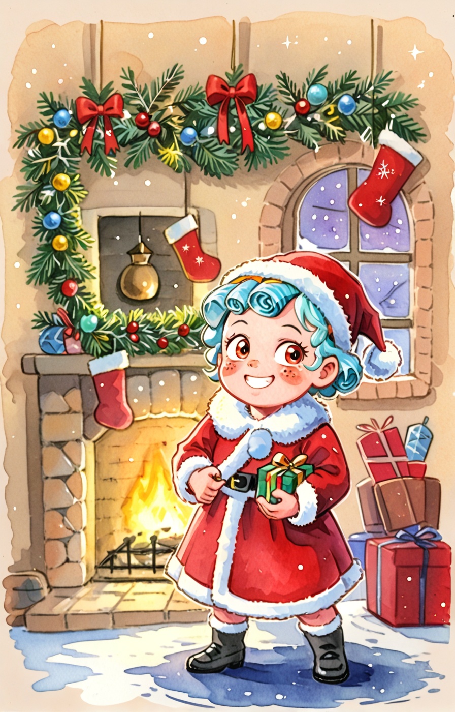 A Santa Claus stands proudly,  holding a festive Christmas gift and sporting a warm smile. He's situated in front of a coz...