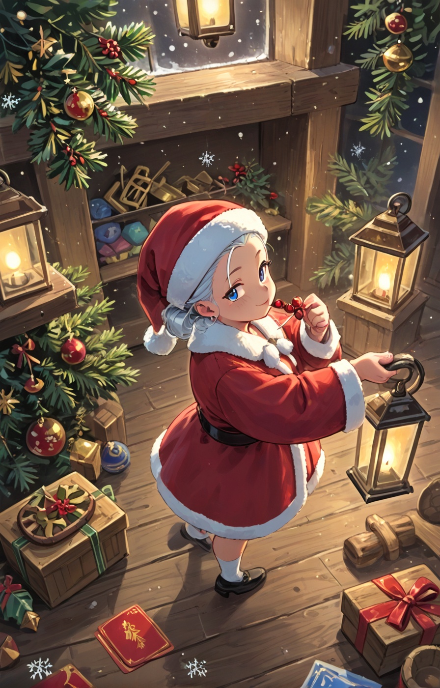 A cozy,  vintage Christmas card showcasing Santa Claus and his elves crafting wooden toys in a warm,  lantern-lit workshop...