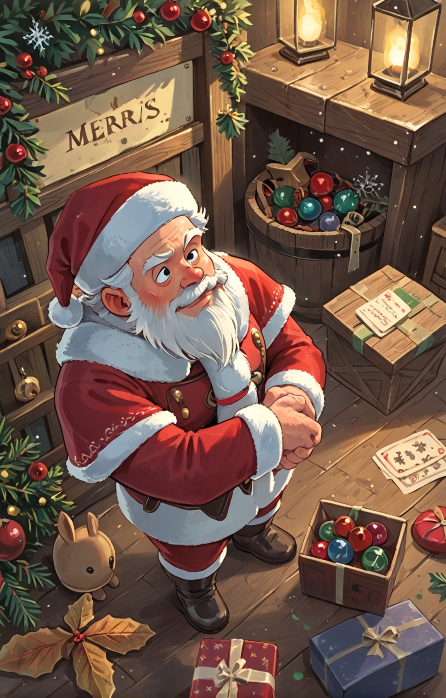 A cozy,  vintage Christmas card showcasing Santa Claus and his elves crafting wooden toys in a warm,  lantern-lit workshop...