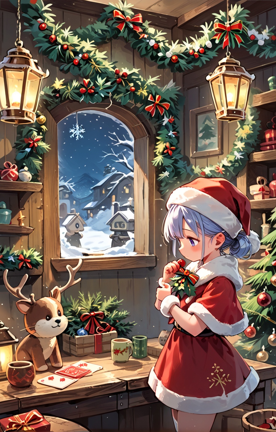 A cozy,  vintage Christmas card showcasing Santa Claus and his elves crafting wooden toys in a warm,  lantern-lit workshop...