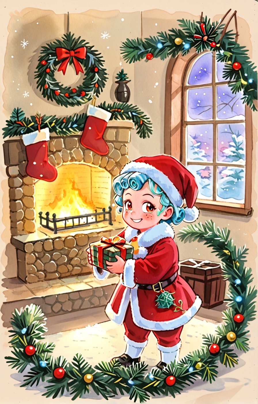 A Santa Claus stands proudly,  holding a festive Christmas gift and sporting a warm smile. He's situated in front of a coz...