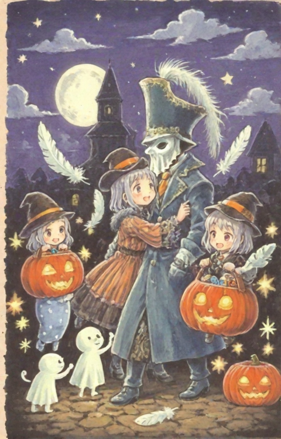 Oldpostcard. A surreal Halloween night sky with a giant full moon wearing an elegant theatrical mask of silver and gold fi...
