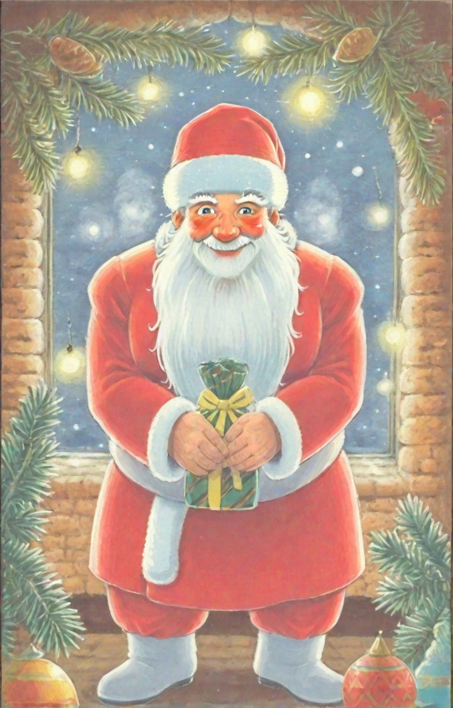A Santa Claus stands proudly,  holding a festive Christmas gift and sporting a warm smile. He's situated in front of a coz...