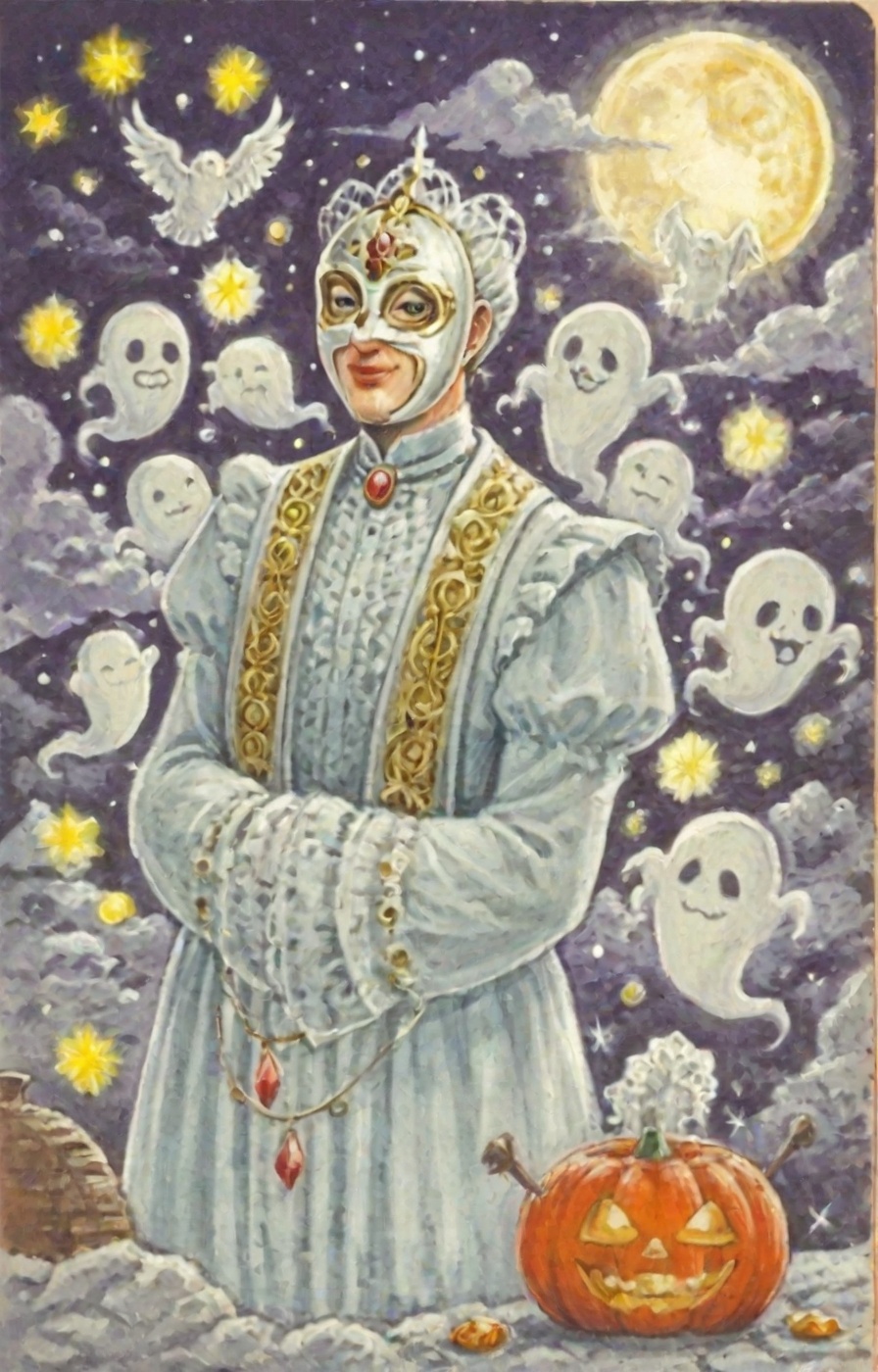 Oldpostcard. A surreal Halloween night sky with a giant full moon wearing an elegant theatrical mask of silver and gold fi...