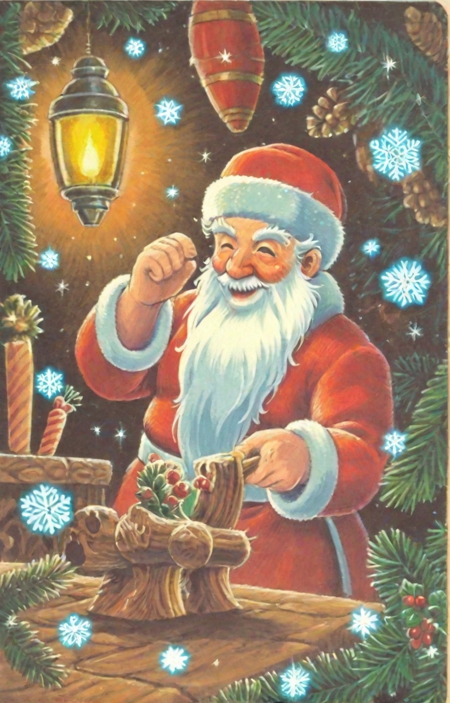A cozy,  vintage Christmas card showcasing Santa Claus and his elves crafting wooden toys in a warm,  lantern-lit workshop...