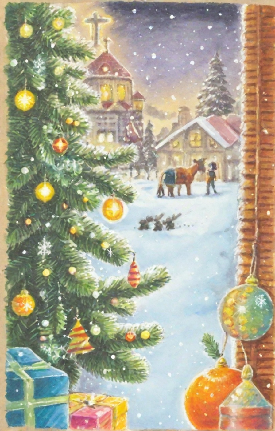 A warm,  tight close-up shot of an anime-style Christmas scene: a decorated tree in a snow-covered landscape,  sparkling o...