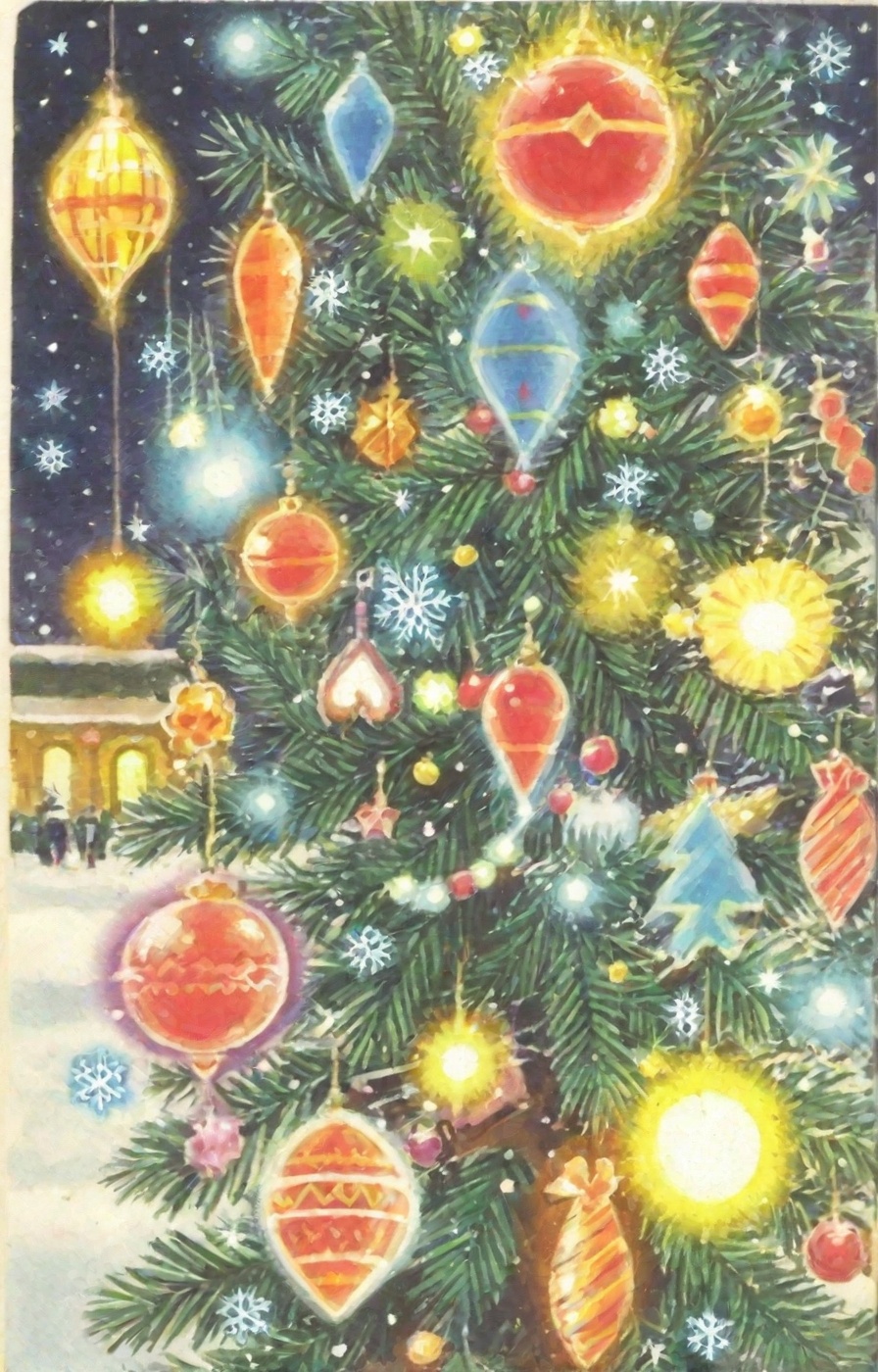 A warm,  tight close-up shot of an anime-style Christmas scene: a decorated tree in a snow-covered landscape,  sparkling o...