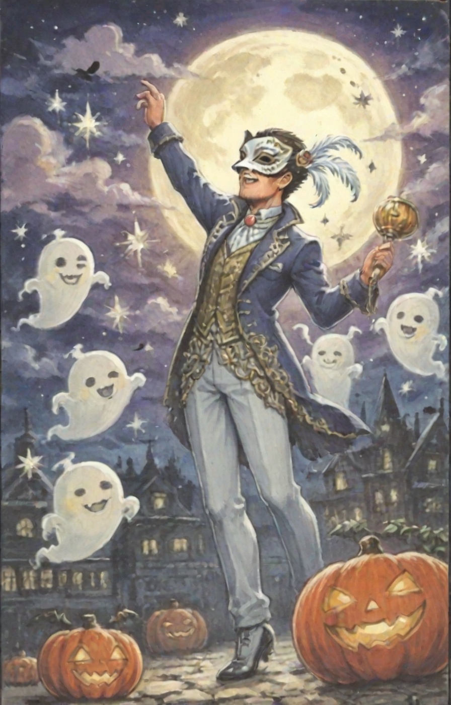 Oldpostcard. A surreal Halloween night sky with a giant full moon wearing an elegant theatrical mask of silver and gold fi...