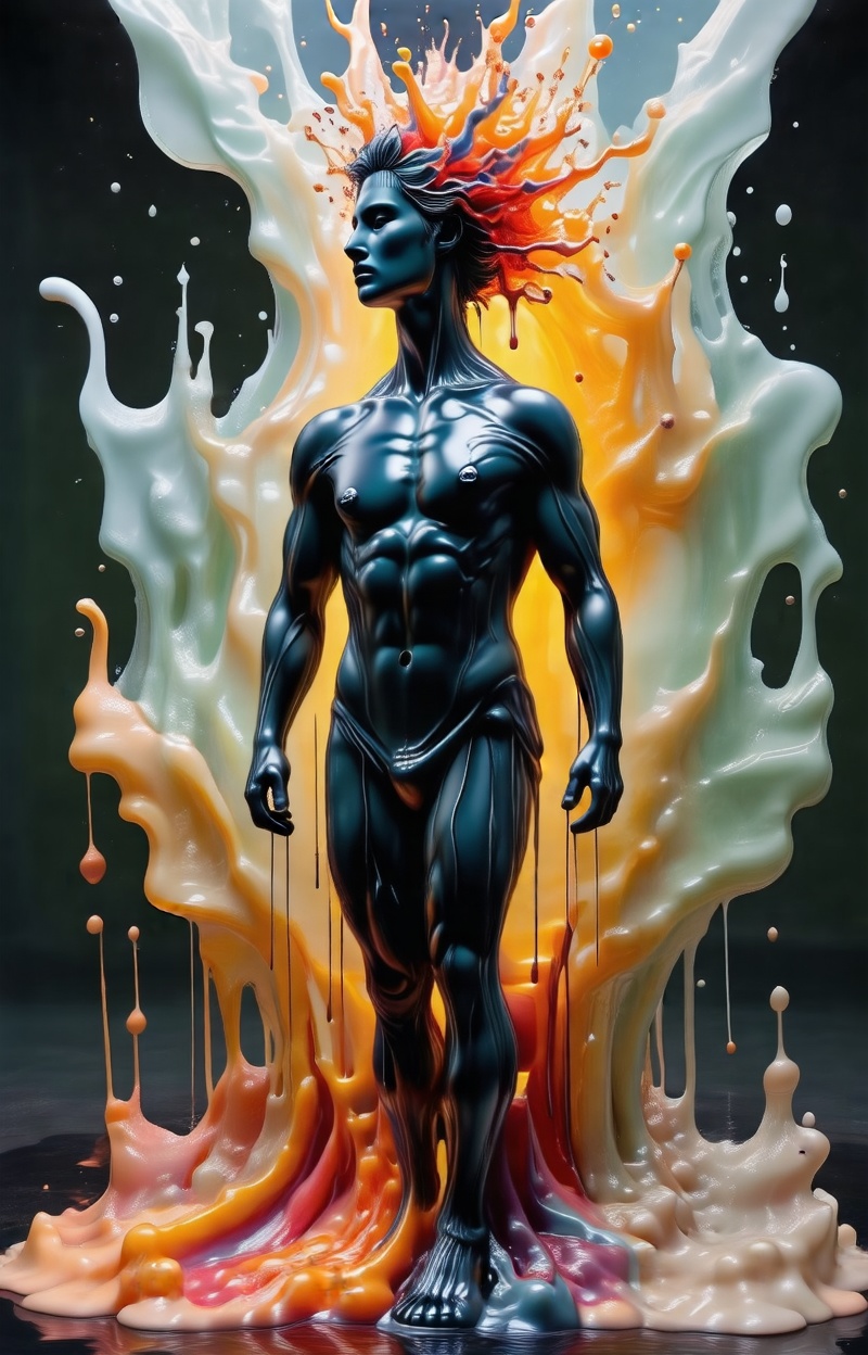 Human body full clothed,  full dressed melting statue,  liquid morphing effect on Tensor.Art