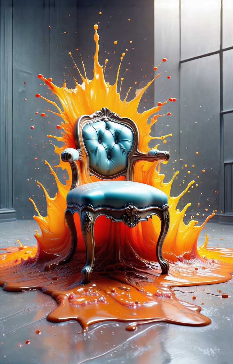 Chair melting into the floor,  object dripping,  fluid transformation on Tensor.Art
