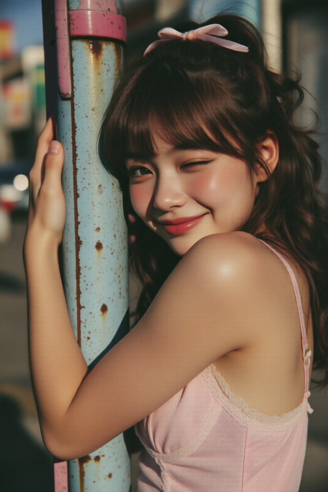 A beautiful Japanese girl turns her body sideways and tightly hugs an old pastel blue and pink metal pole with both arms,...