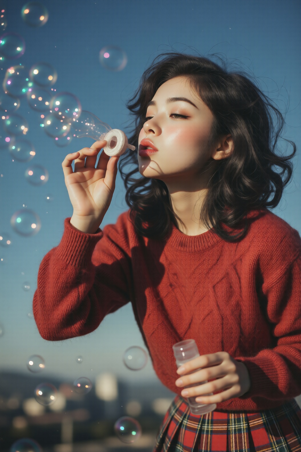 Prompt: Japanese 1980s advertisement style,  beautiful young woman with voluminous dark wavy hair,  wearing a red knitted...