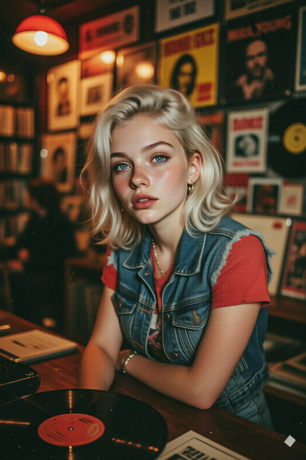 1980s retro photography,  silver-haired blue-eyed girl with shoulder-length slightly messy hair,  warm red-orange tones on...
