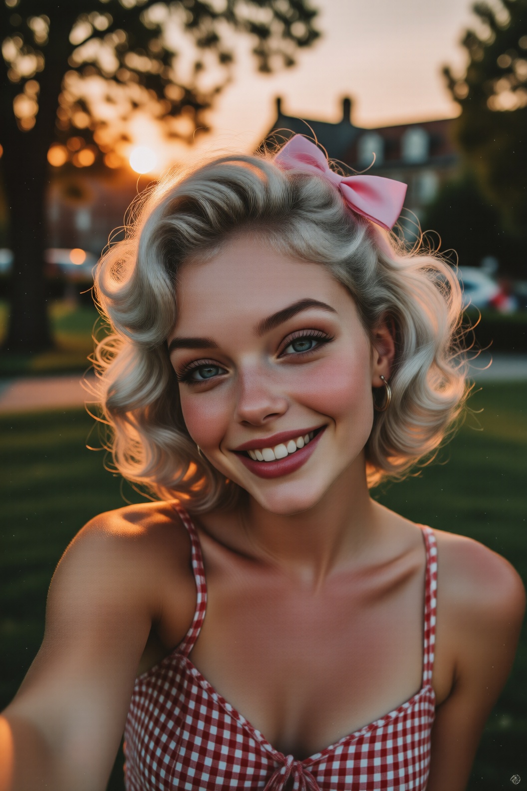 A beautiful girl with an 1980s vibe,  short silvery hair with curled ends,  wearing a pink bow hair accessory and having b...