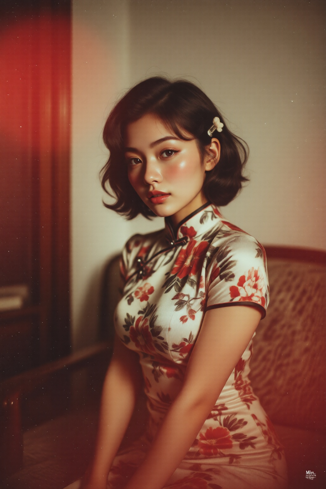 1980s Japanese retro style,  nostalgic portrait of a beautiful Japanese woman. Petite and curvy figure,  attractive facial...
