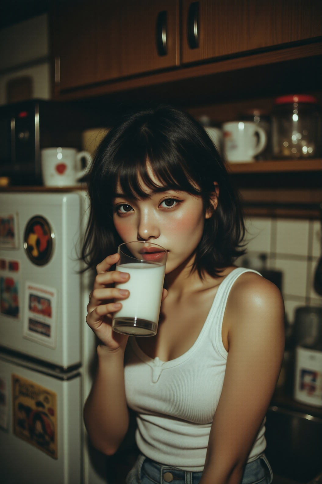 A beautiful Japanese girl in 1980s retro style,  with a short bob and blunt bangs,  wearing a white sleeveless **** top. S...