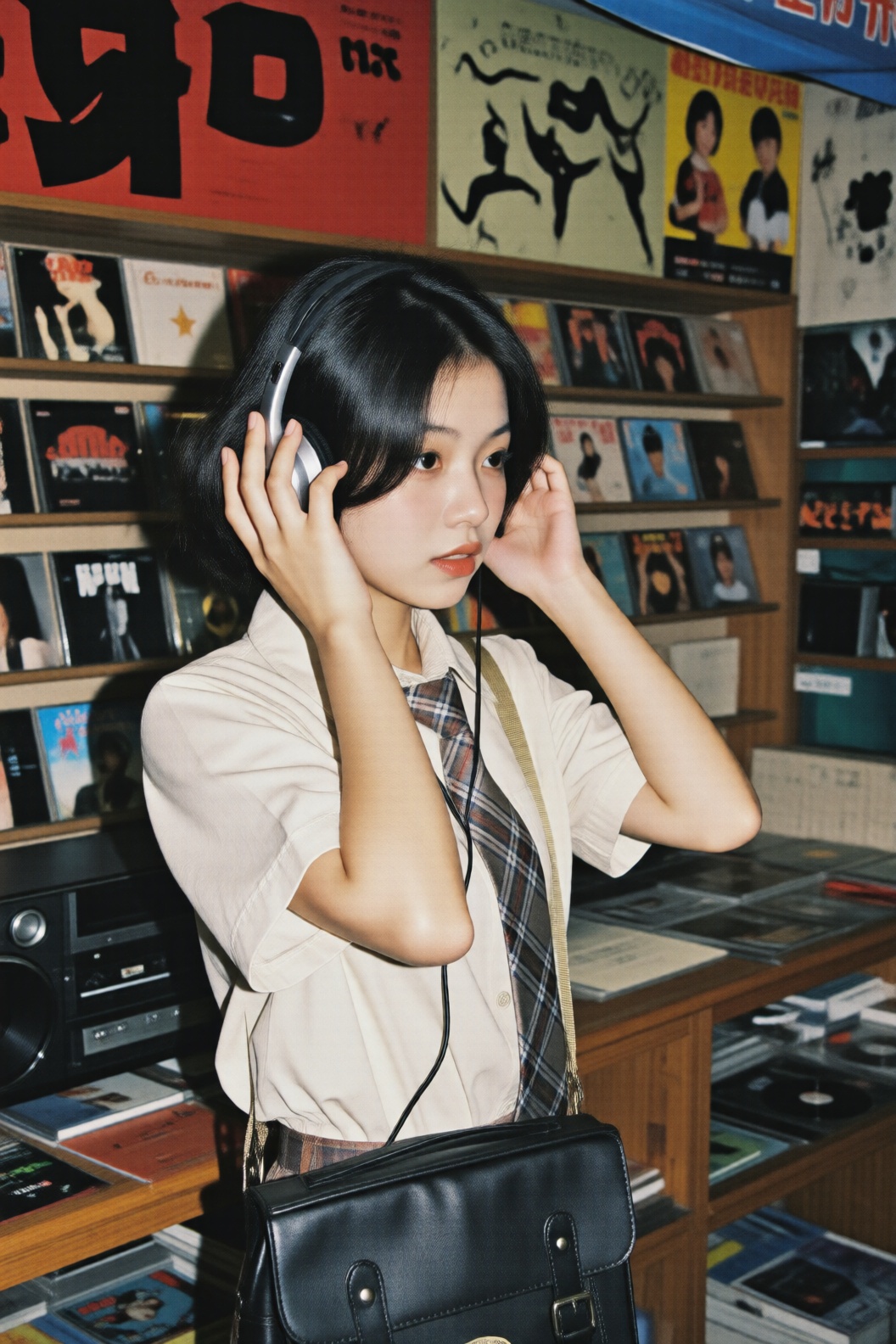 Japanese 1980s advertisement style. Beautiful young woman with short black hair,  wearing a retro beige shirt school unifo...