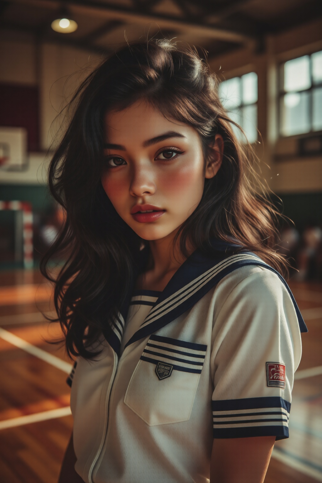 Japanese 1980s advertisement style. Beautiful young woman with voluminous long hair,  wearing a classic white sailor-colla...