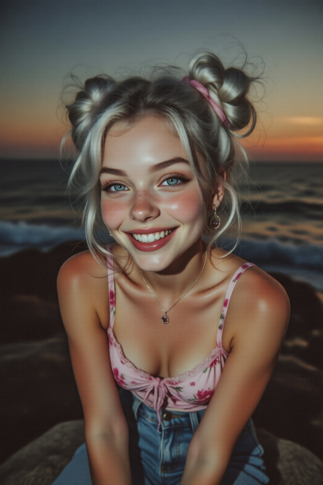 A beautiful girl with silvery hair styled in playful double buns and bright blue eyes,  with cute freckles on her cheeks,...