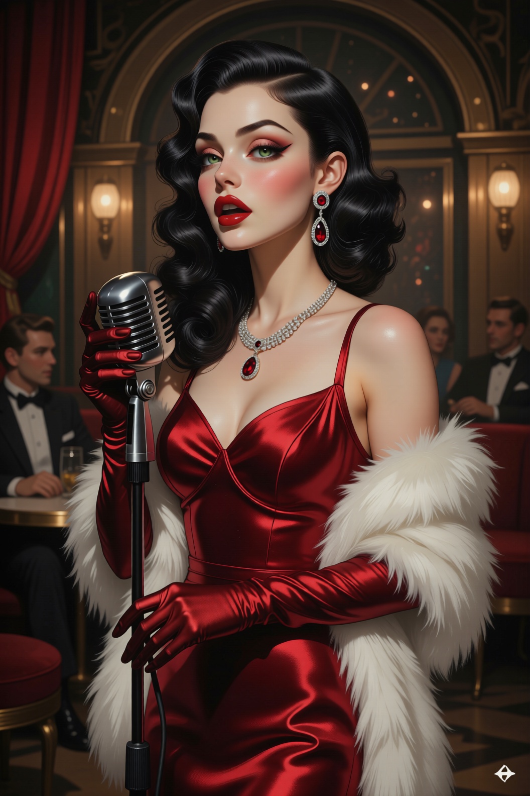 Realistic oil painting. long shiny black curly hair,  styled side-swept sculpted hair. She's wearing an elegant lustrous s...