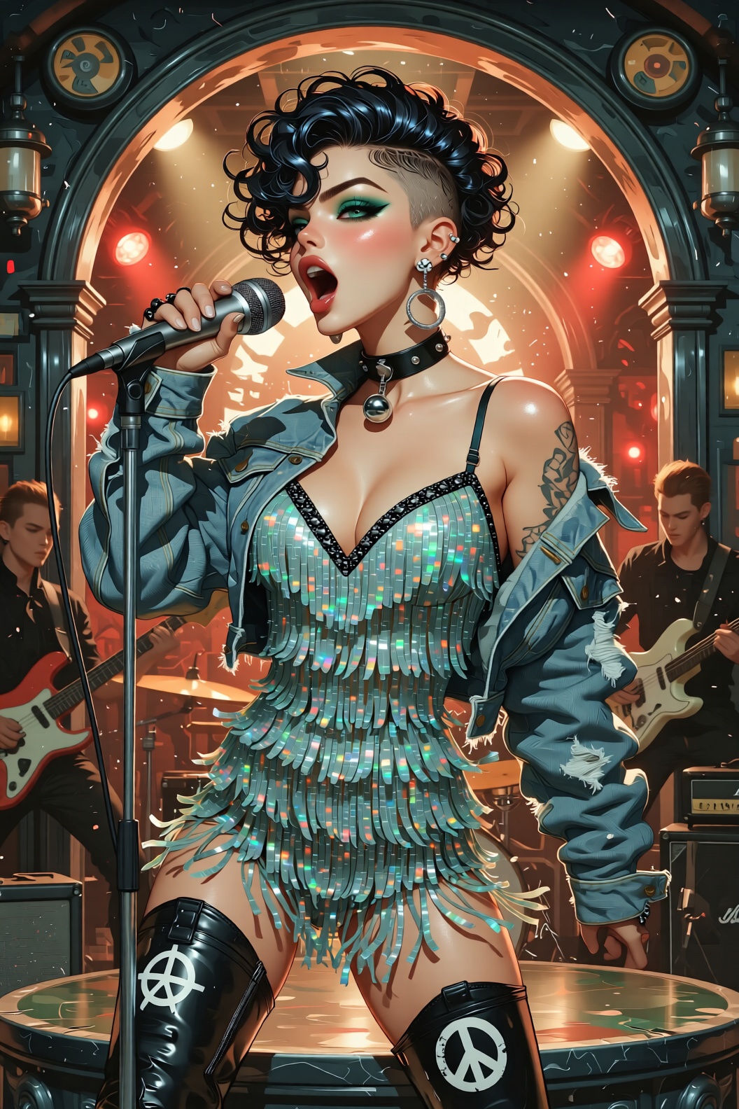 Punk style,  shiny black curly undercut hair,  short undercut fingerwave hair combed and sculpted into shining waves. She'...