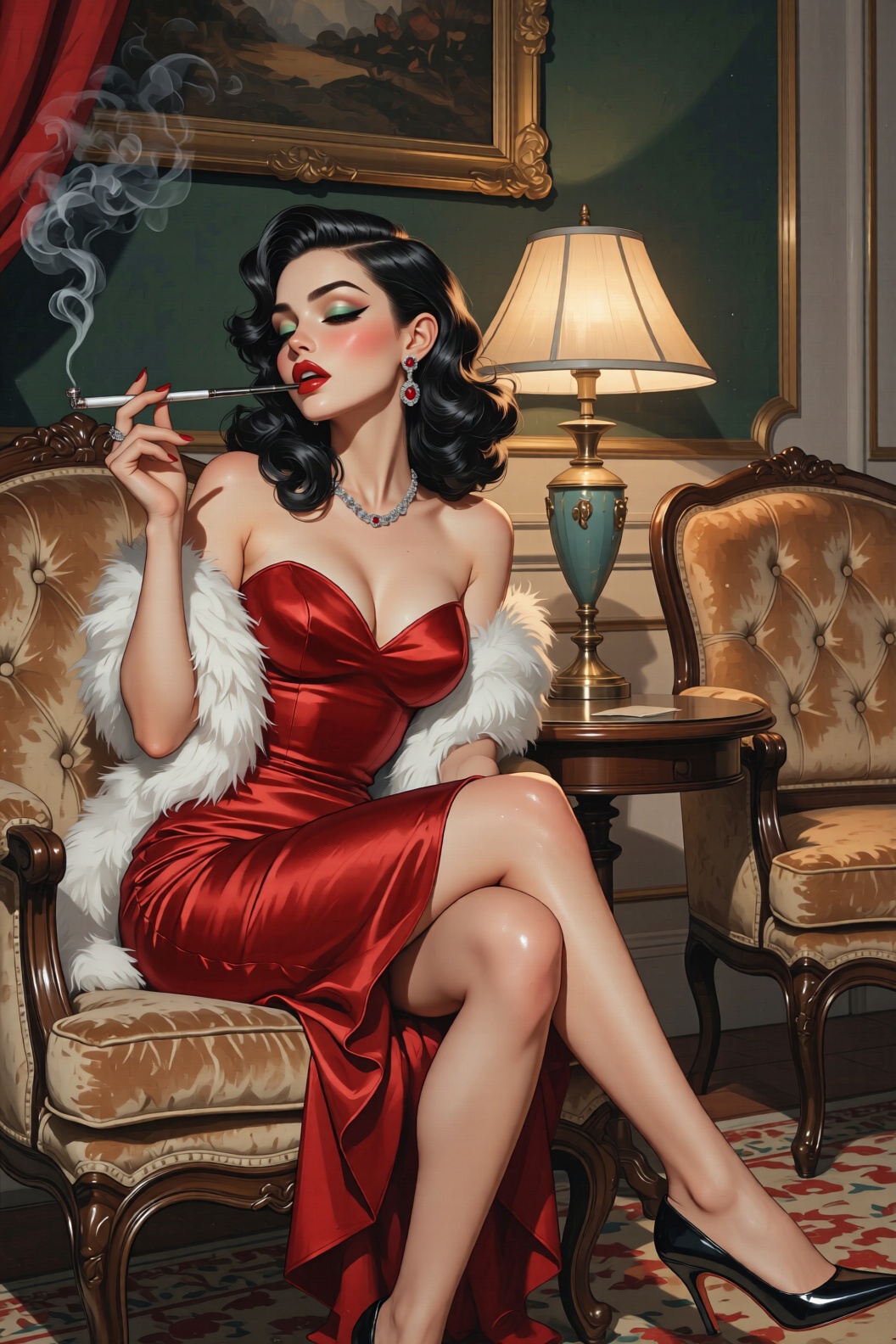 Realistic painting. long shiny black curly hair,  side-swept styled sculpted hair. Wearing an elegant seamless shoulderles...