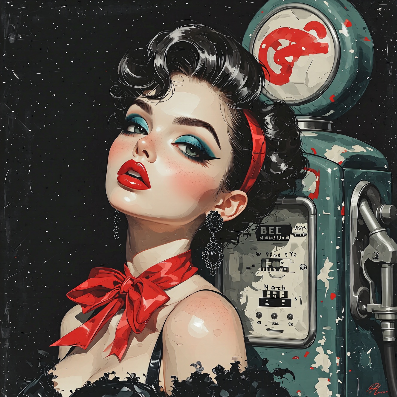 A captivating and enigmatic illustration of a rockabilly girl with a distinct Disney-inspired body standing leaning back a...